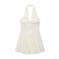 Women Sexy White Halter Neck Backless Smocked Mini Dress Elegant V Neck Twist Knot Bowtie Pleated A-Line Sleeveless Party Dress