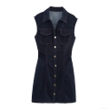 Women's Denim Sleeveless Mini Dress Elegant V Neck Lapel Button Up Slim Fit Contrast Stitching Jean Vest Dress For Dating Party Navy Blue