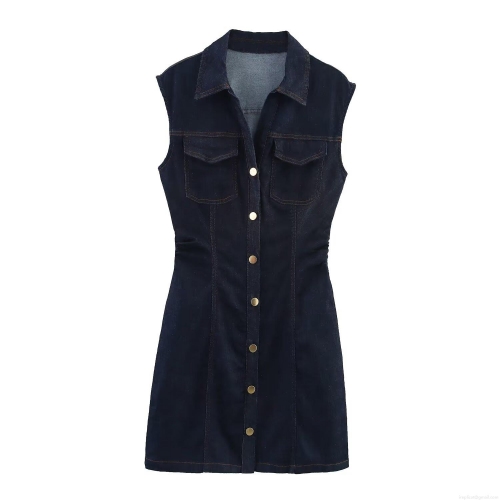 Women's Denim Sleeveless Mini Dress Elegant V Neck Lapel Button Up Slim Fit Contrast Stitching Jean Vest Dress For Dating Party Navy Blue