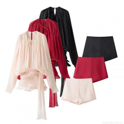 Elegant Long Sleeve Pleated Chiffon Mini Dress Ruffle Hem Waist Tie Women's Sexy Solid Color Party Cocktail Dress With Matching Shorts Set