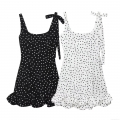 Women's Elegant Polka Dot Mini Dress With Tie Strap Bow Ruffle Hem Summer Slim Fit Polyester Short Dress For Party Daily Wear