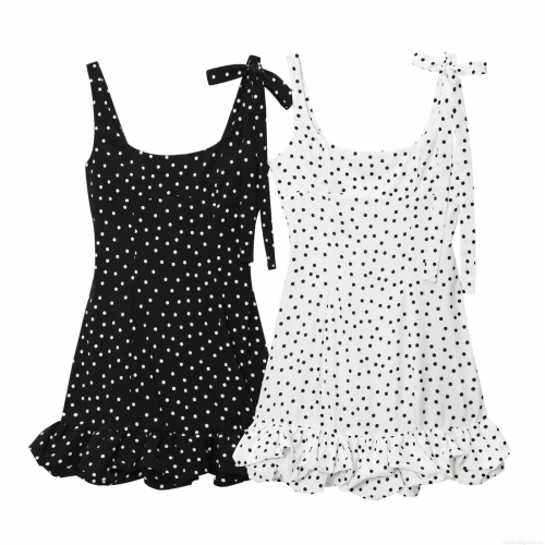 Women's Elegant Polka Dot Mini Dress With Tie Strap Bow Ruffle Hem Summer Slim Fit Polyester Short Dress For Party Daily Wear
