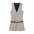 French Style Houndstooth Sleeveless V-Neck Mini Dress With Belt Elegant High Waist Pleated A-Line Polyester Dress For Women Daily Fashion Dress