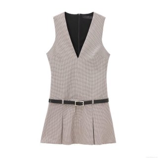 French Style Houndstooth Sleeveless V-Neck Mini Dress With Belt Elegant High Waist Pleated A-Line Polyester Dress For Women Daily Fashion Dress