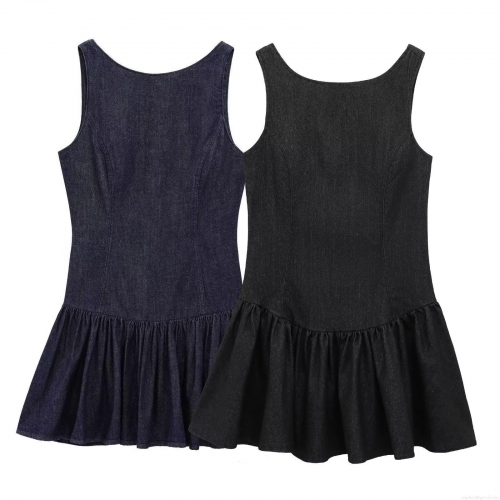 Women's Sleeveless Denim Mini Dress Ruffle Hem Backless Round Neck Bodycon A-Line Party Clubwear Summer Jean Dresses for Women Clothing Accessories