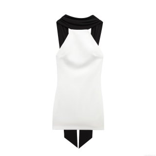 Women Elegant Black White Patchwork Halter Neck Mini Dress Sleeveless Slim Fit Polyester Blend Back Zipper Evening Party Cocktail Dress
