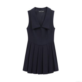 Women's Sleeveless Pleated Mini Dress Lapel V-Neck Lace Trim Polyester Cotton Blend Short A-Line Dress Office Daily Party Preppy Style Elegant Solid Color Outfit