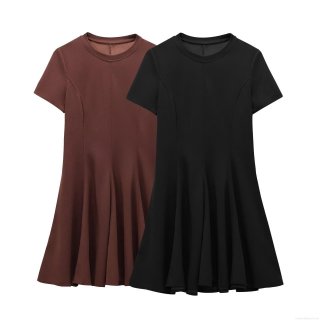 Women Elegant Short Sleeve A-Line Mini Dress Solid Color Round Neck Slim Fit High Waist Wavy Hem Casual Party Fashion Polyester Dress