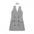 Women's Halter Neck Mini Dress Elegant Houndstooth Patchwork Double Breasted Sleeveless A-Line Party Dress Suit Style Vestido