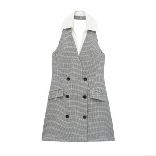 Women's Halter Neck Mini Dress Elegant Houndstooth Patchwork Double Breasted Sleeveless A-Line Party Dress Suit Style Vestido