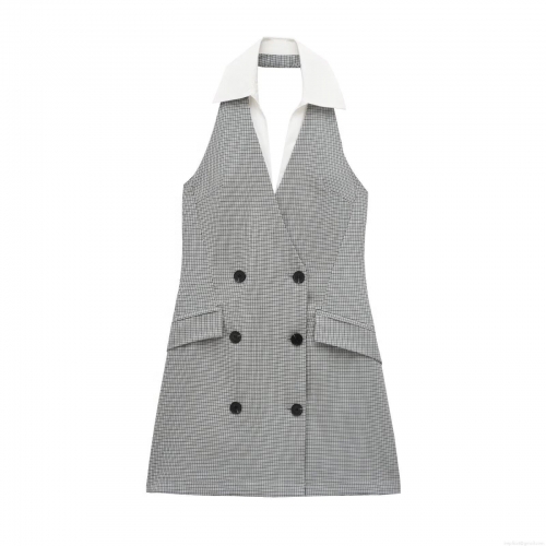 Women's Halter Neck Mini Dress Elegant Houndstooth Patchwork Double Breasted Sleeveless A-Line Party Dress Suit Style Vestido