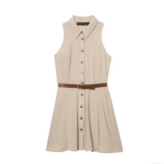 Women's Sleeveless Shirt Dress With Belt Turn-down Collar Single Breasted Slim Fit Mini Dress Summer Casual Elegant Office Lady Vestidos