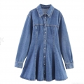 Women's Elegant Denim Long Sleeve Mini Dress Slim Fit Single Breasted Shirt Collar Washed Jean A-Line Dress for Daily Party Office