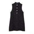 Elegant Women's Black Tweed Sleeveless Mini Dress With Shiny Sequins And Pearl Rhinestone Buttons Stand Collar Slim Fit Socialite Style Evening Party Dress