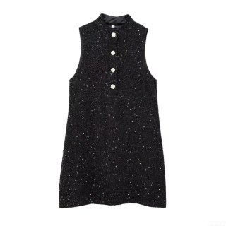 Elegant Women's Black Tweed Sleeveless Mini Dress With Shiny Sequins And Pearl Rhinestone Buttons Stand Collar Slim Fit Socialite Style Evening Party Dress