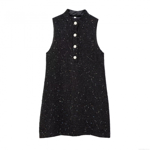 Elegant Women's Black Tweed Sleeveless Mini Dress With Shiny Sequins And Pearl Rhinestone Buttons Stand Collar Slim Fit Socialite Style Evening Party Dress