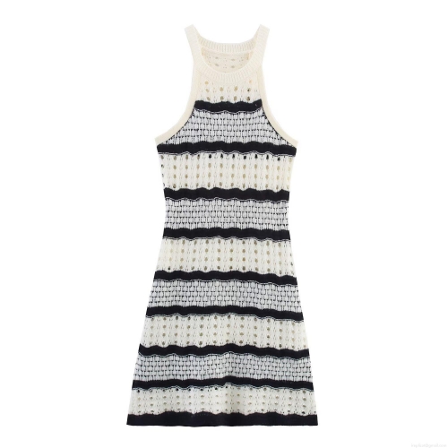 Women's Sexy Striped Halter Neck Knit Mini Dress Hollow Out Crochet Backless Bodycon Short Dress for Summer Party Vacation