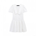 Elegant White Peter Pan Collar Lace Trim Short Sleeve Mini Dress Retro Solid Color Ruffle Hem Polyester Dress For Women Summer Casual Party Dating