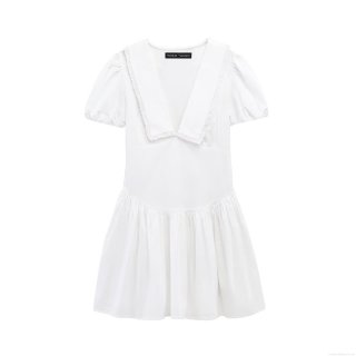 Elegant White Peter Pan Collar Lace Trim Short Sleeve Mini Dress Retro Solid Color Ruffle Hem Polyester Dress For Women Summer Casual Party Dating
