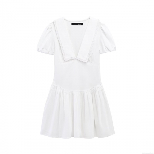 Elegant White Peter Pan Collar Lace Trim Short Sleeve Mini Dress Retro Solid Color Ruffle Hem Polyester Dress For Women Summer Casual Party Dating