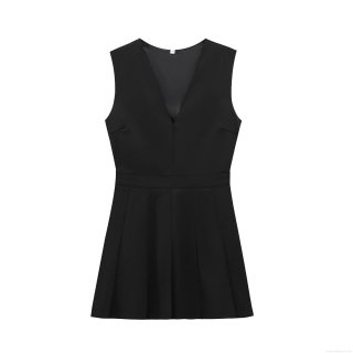 Women's Sleeveless V-Neck Pleated Mini Dress Solid Color Crepe Fabric Elegant Party Cocktail Dress For Lady Summer Fashion