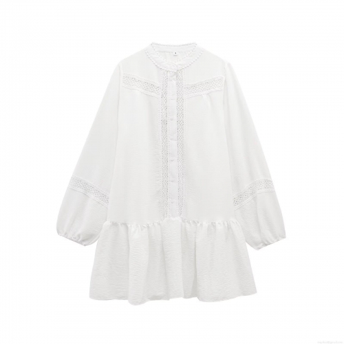 Elegant White Lace Splicing Long Sleeve Mini Dress With Hollow Out Crochet Ruffled Hem Stand Collar For Women Party Wedding Evening Socialite Style