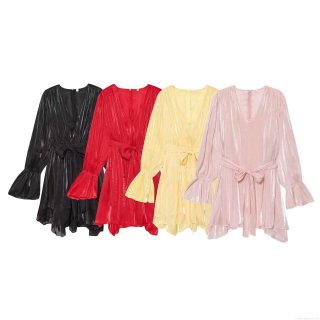 Women Elegant Metallic Pleated V-Neck Long Bell Sleeve Mini Dress With Waist Tie Solid Color Party Office Short Dress Fashion Female Clothing