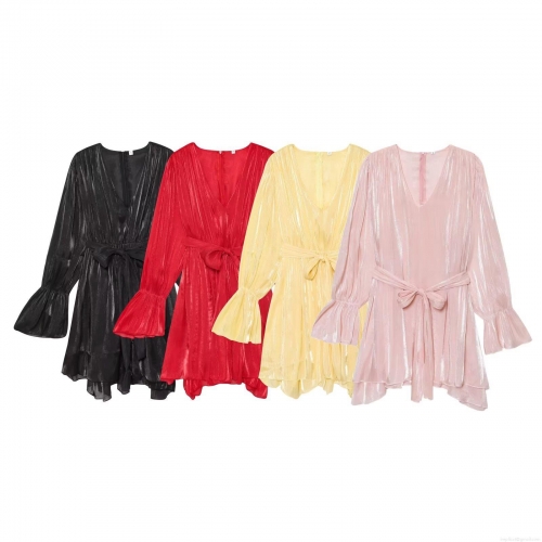 Women Elegant Metallic Pleated V-Neck Long Bell Sleeve Mini Dress With Waist Tie Solid Color Party Office Short Dress Fashion Female Clothing