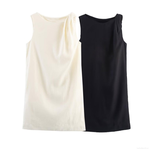 Women's Sleeveless Linen Polyester Mini Dress Knot Pleated Detail Round Neck Elegant Solid Color Short Dress for Summer Party Dating