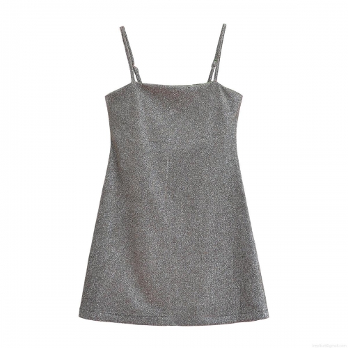 Women Sexy Silver Shimmer Glitter Camisole Mini Dress Metallic Backless Slim Fit Party Club Night Out Sleeveless Polyester Dress