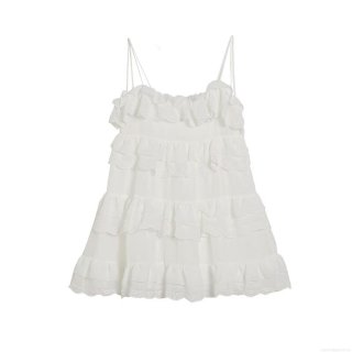 Women's White Tiered Ruffle Mini Dress French Style Eyelet Embroidery Spaghetti Strap Sleeveless Elegant Layered Sundress For Party Vacation Summer