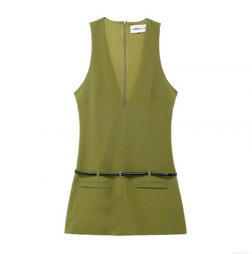 Women Elegant Olive Green Sleeveless V-Neck Mini Dress With Black PU Leather Belt Slim Fit Polyester Party Gown Office Wear Dress