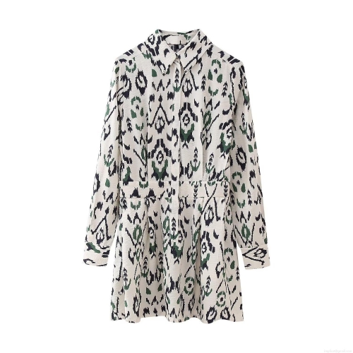 Women's Long Sleeve Print Shirt Dress Elegant 100% Polyester Lapel Button Down Mini Dress For Casual Vacation Boho Style Lady Short Dress Spring Autumn