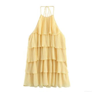 Women Halter Neck Pleated Mini Dress Layered Ruffles Elegant Sleeveless Sexy Backless Party Dress Solid Color Polyester Dress For Summer Vacation