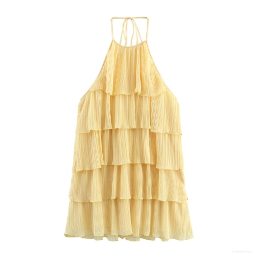 Women Halter Neck Pleated Mini Dress Layered Ruffles Elegant Sleeveless Sexy Backless Party Dress Solid Color Polyester Dress For Summer Vacation
