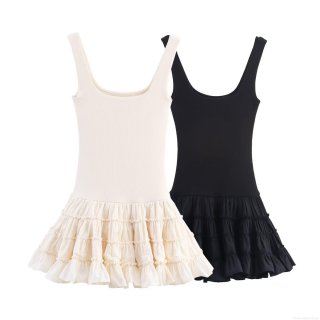 Women's Sleeveless Ribbed Knit Patchwork Mini Dress With Multi-Layered Ruffled Cake Skirt Slim Fit Elegant Party Cami Dress For Women Summer Fashion Solid Color