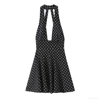 Women Halter Deep V-Neck Backless Polka Dot Mini Dress Polyester Sexy Slim Fit A-Line Summer Party Club Dress For Ladies
