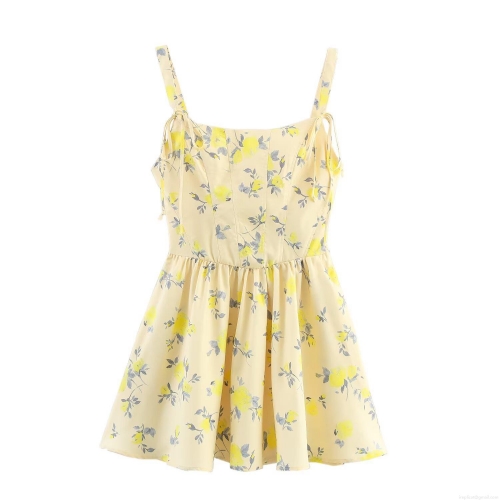 Women's Casual Elegant Floral Mini Dress Sleeveless Adjustable Tie Straps Square Neck Side Zipper Polyester Poplin Boho Chic Short Sundress for Party Vacation