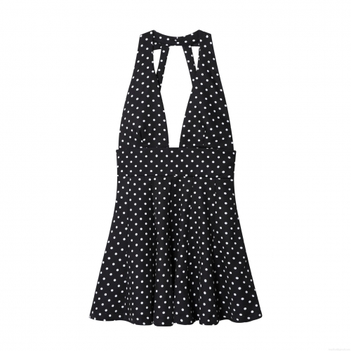 Women's Sexy Polka Dot Halter Dress Backless Deep V-Neck Slim Fit Mini Dress Summer Party Clubwear Sleeveless Sundress With Bow Tie