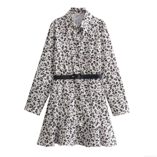 Women's Polyester Floral Print Long Sleeve Mini Shirt Dress With Belt Elegant Black White Leaf Pattern Ruffle Hem A-Line Dress For Casual Party Office Lady