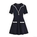 Elegant Women Ribbed Knit Mini Dress Contrast Color Trim Gold Buttons V Neck Short Sleeve Slim Fit Chanel Style Party Clubwear Office Casual Outfit