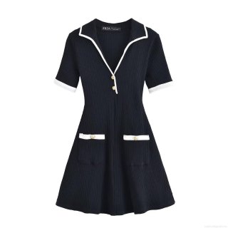 Elegant Women Ribbed Knit Mini Dress Contrast Color Trim Gold Buttons V Neck Short Sleeve Slim Fit Chanel Style Party Clubwear Office Casual Outfit