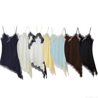 Women Sexy Lace Trim Satin Slip Dress V Neck Spaghetti Strap Asymmetric Hem Nightgown Party Club Mini Dress Sleeveless Silky Lingerie Dress For Women Nightwear