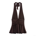 Women's Elegant Knitted Halter Neck Mini Dress Sexy Backless Ruched Ruffle Hem Bow Tie Dress For Party Vacation Socialite Clubwear Summer Brown Sleeveless Short Dress