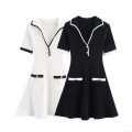 Women's Ribbed Knit Short Sleeve Mini Dress Elegant Contrast Trim V-Neck Polo Dress With Metal Buttons A-Line Casual Party Slim Fit Dress