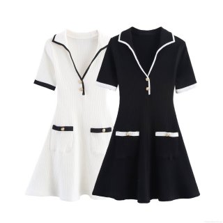 Women's Ribbed Knit Short Sleeve Mini Dress Elegant Contrast Trim V-Neck Polo Dress With Metal Buttons A-Line Casual Party Slim Fit Dress