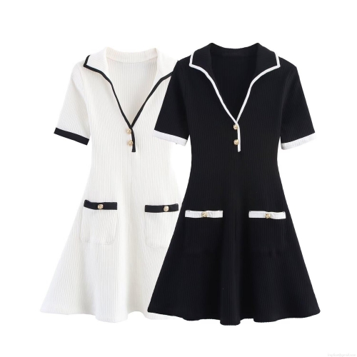 Women's Ribbed Knit Short Sleeve Mini Dress Elegant Contrast Trim V-Neck Polo Dress With Metal Buttons A-Line Casual Party Slim Fit Dress