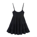 Women's Elegant Black Cotton Blend Tiered Mini Dress With Lace Trim Smocked Bodice Sleeveless Slip Dress For Summer Party Date Night