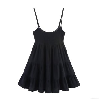 Women's Elegant Black Cotton Blend Tiered Mini Dress With Lace Trim Smocked Bodice Sleeveless Slip Dress For Summer Party Date Night