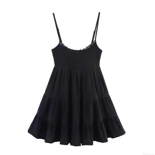 Women's Elegant Black Cotton Blend Tiered Mini Dress With Lace Trim Smocked Bodice Sleeveless Slip Dress For Summer Party Date Night